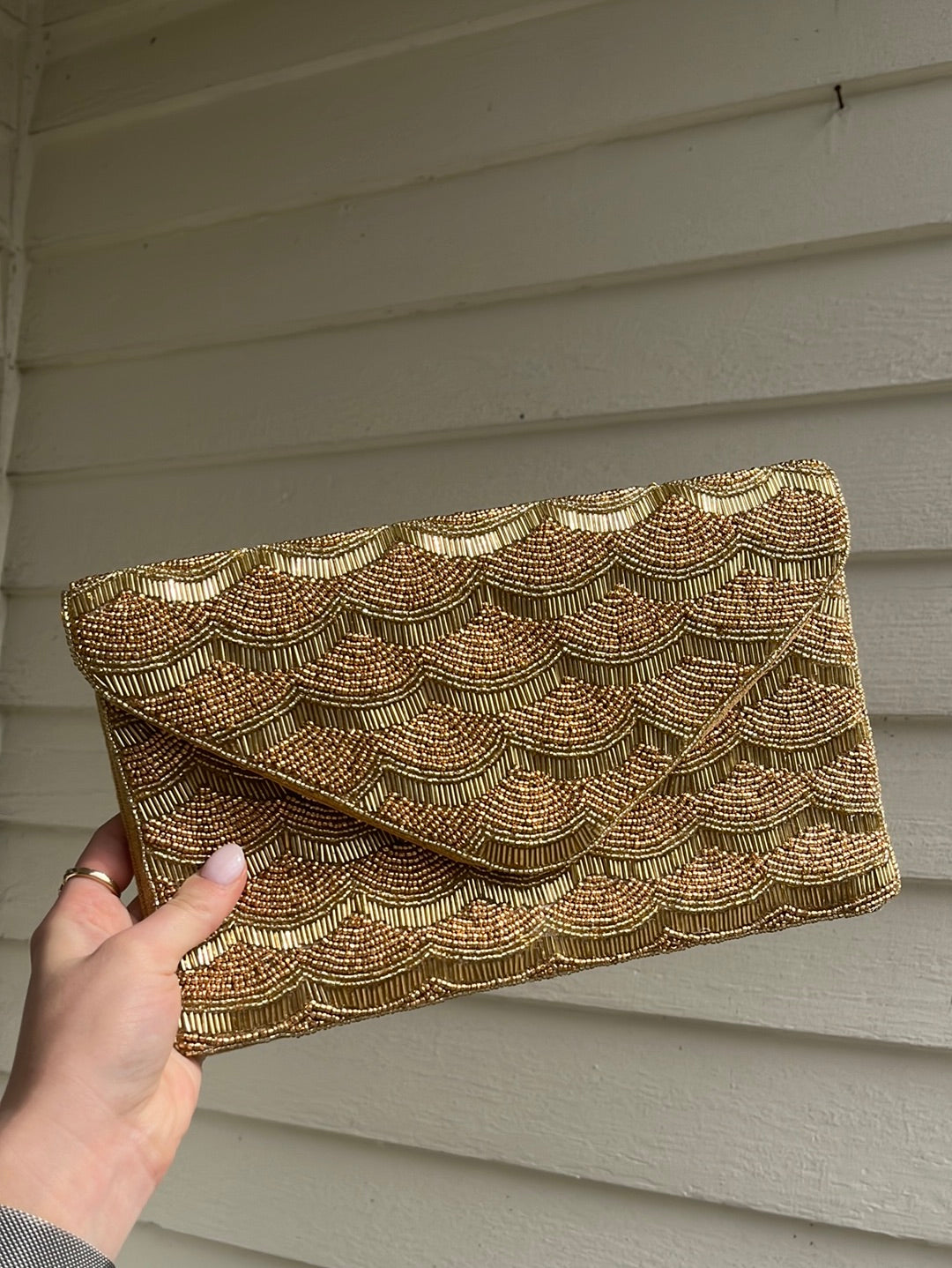 Gold Beaded Scallop Clutch